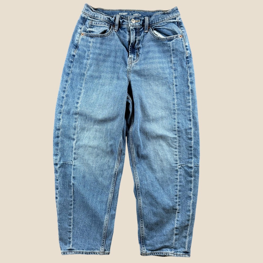 Old Navy Barrel Leg Jeans Womens 6 Blue High Rise Baggy Seam Detail Modern Denim